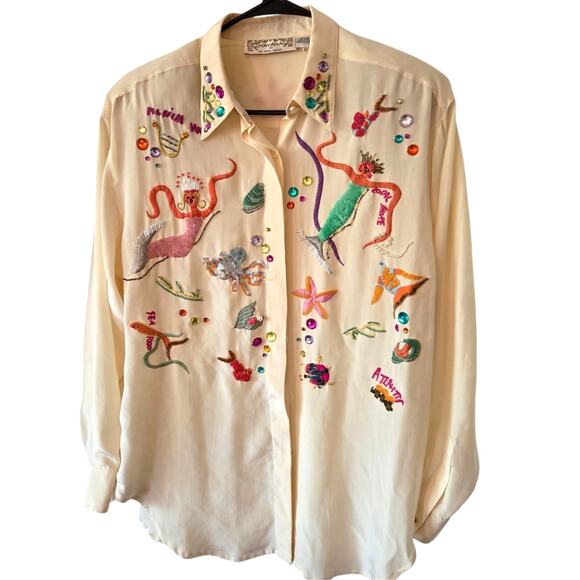 Havana by hero Tops - Havana By Hero Group Sz 12 Beaded Embroidered Mermaid Silk Sea Button Up